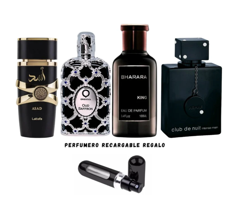 Mega Combo Lujo Árabe (4+1 de Regalo) – Club de Nuit, Oud Saffron, Asad, Bharara